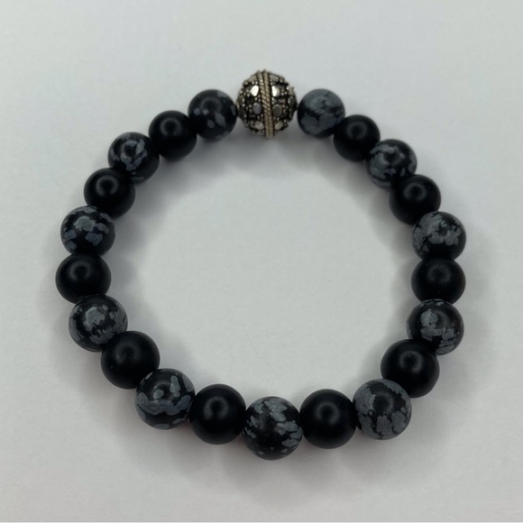 💰 𝕊 𝕠 𝕝 𝕕 💰 Onyx & Snowflake Obsidian Gemstone Stacking Stretchy Bracelet - Picture 5 of 12